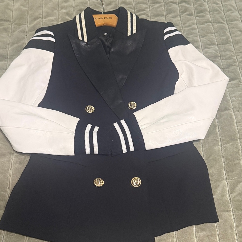 Shop Kultivate B&W Varsity Blazer w/ Gold Lion Breasted Buttons & Vegan Leather